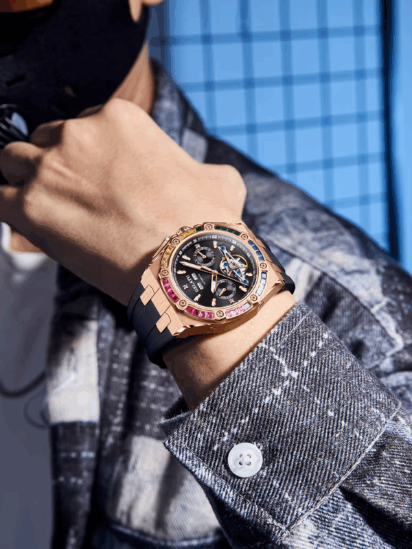GRATIO Swiss Made Automatic Men's Watch Rainbow Bezel Chronograph | 40mm Stainless Steel | Waterproof - Image 4