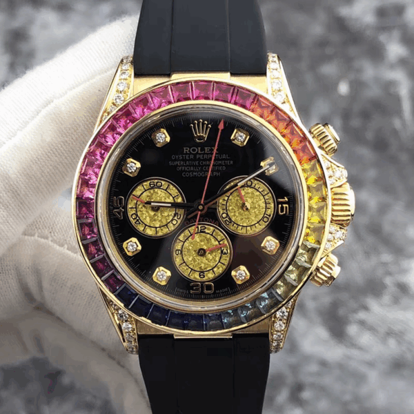 Rolex Daytona 16518 Men's Watch 18K Yellow Gold | Rainbow Sapphire Bezel | Swiss Automatic Chronograph