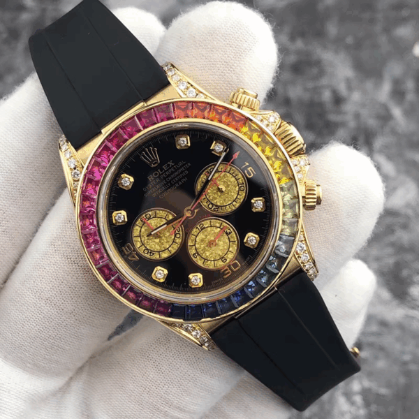 Rolex Daytona 16518 Men's Watch 18K Yellow Gold | Rainbow Sapphire Bezel | Swiss Automatic Chronograph - Image 2